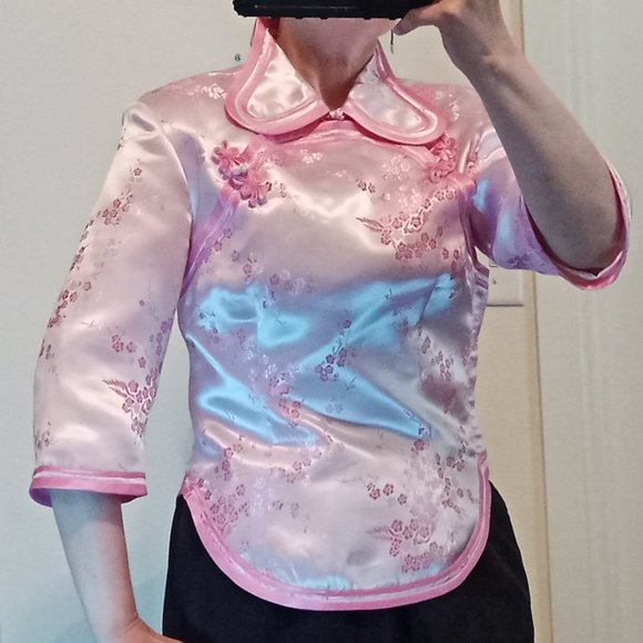 Pink Chinese Formal Traditional Cherry Blossom Shirt Women's Small Frog Ties - Picture 2 of 13